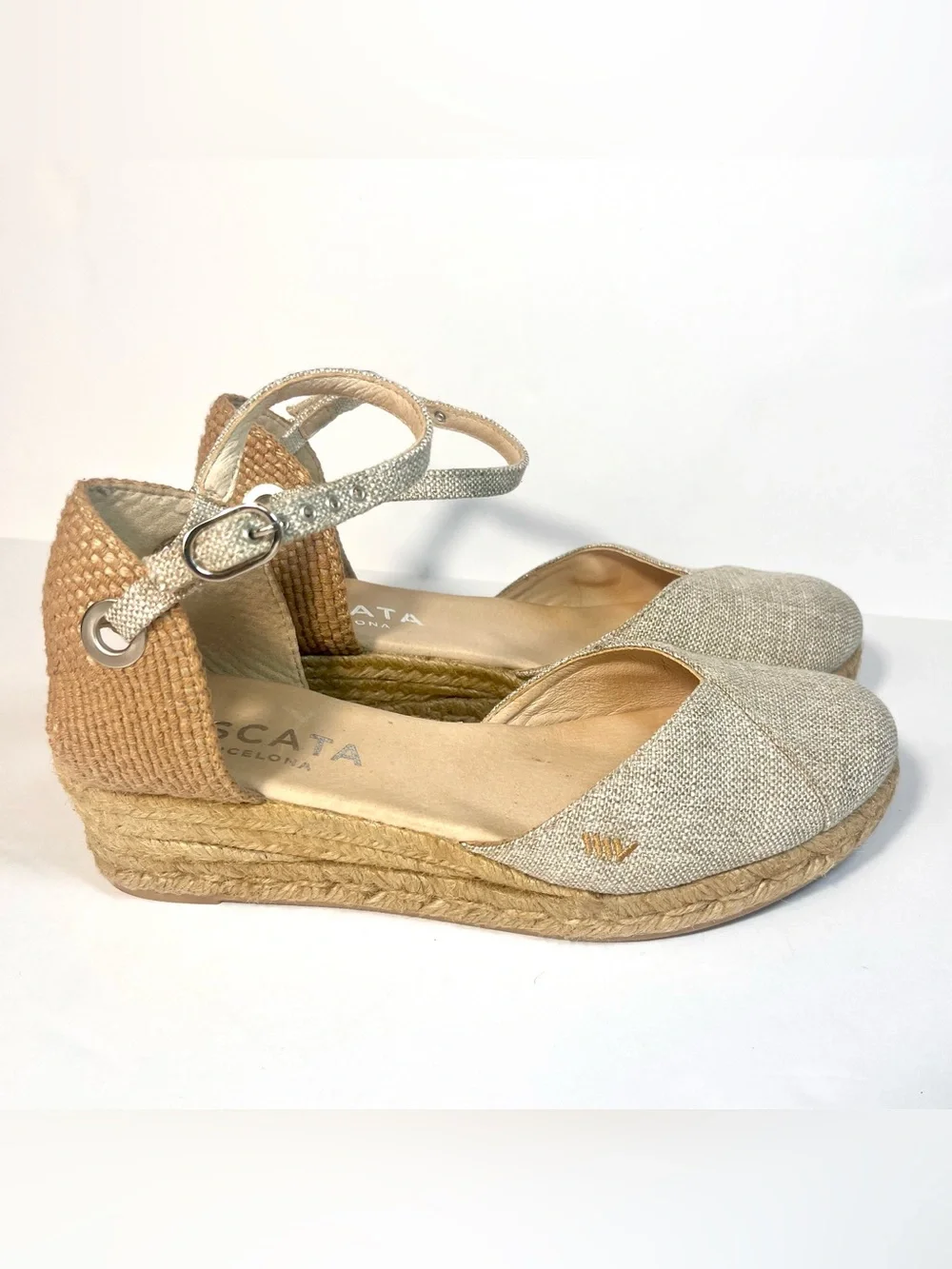 Viscata Pubol Canvas Espadrille Wedge Sandals 40 9 Leather Metallic Ankle Strap